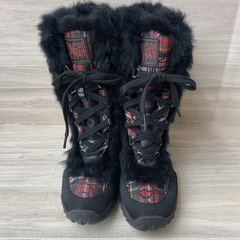 Coach Jennie Fur Lace Winter Boots Black Red Plaid Women's Size 6.5B - Picture 2 of 9